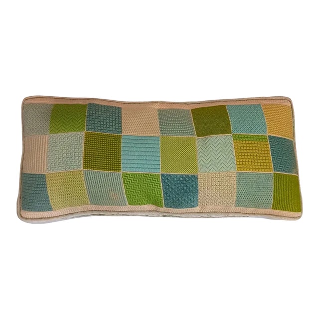 29" X 14" 1970s Vintage Rectangular Needle Point Pillow Geometric Velour 70s Revival Memphis For Sale