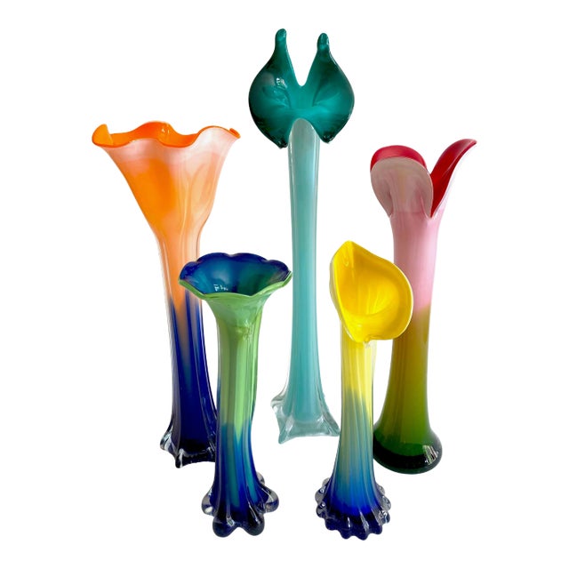 Vintage 1990's Post Modern Hand Blown Art Glass Multicolor Ombre Flowers Contemporary Vases - Set of 5 For Sale