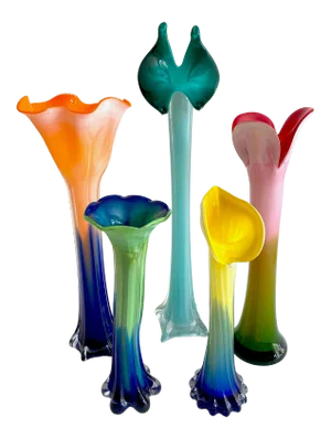 Vintage 1990's Post Modern Hand Blown Art Glass Multicolor Ombre Flowers Contemporary Vases - Set of 5