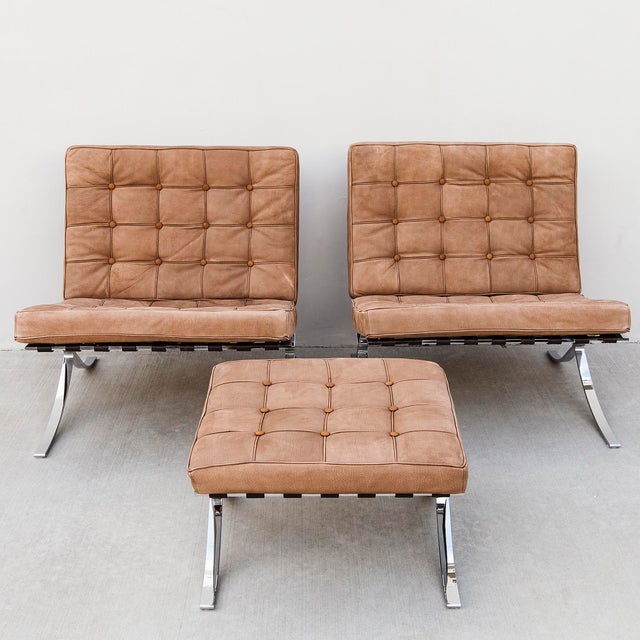Metal Barcelona Lounge Chairs & Ottoman by Mies Van Der Rohe - 3 Pieces For Sale - Image 7 of 12