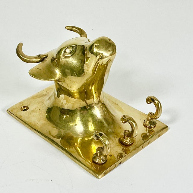 Metal Mid-Century Boho Chic Farmhouse SoutwesternBrass Bull Wall Hooks - 3 Small Key, 1 Large Hook For Sale - Image 7 of 9