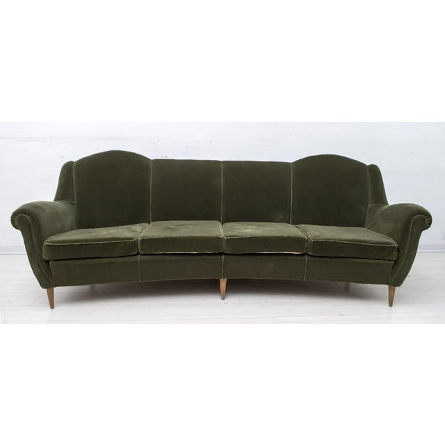 Sofa curved four-seater of Italian design, structure and legs in solid wood, velvet lining, production 50s,Conditions such...