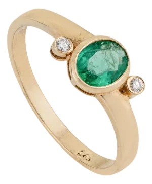 14k Yellow Gold Oval Natural Emerald & Diamond Bezel-Set Ring Size 5.5 for Women