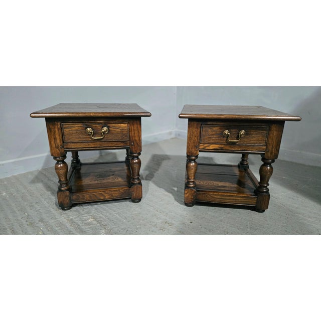 Excellent pair of solid oak plank lamp tables each with a single drawer with brass handle, plank undertier, peg jointed...