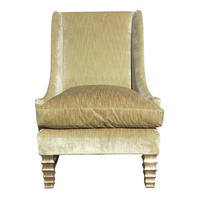 Modern Wingback Down Filled Green Silk Velvet Giltwood Chair For Sale