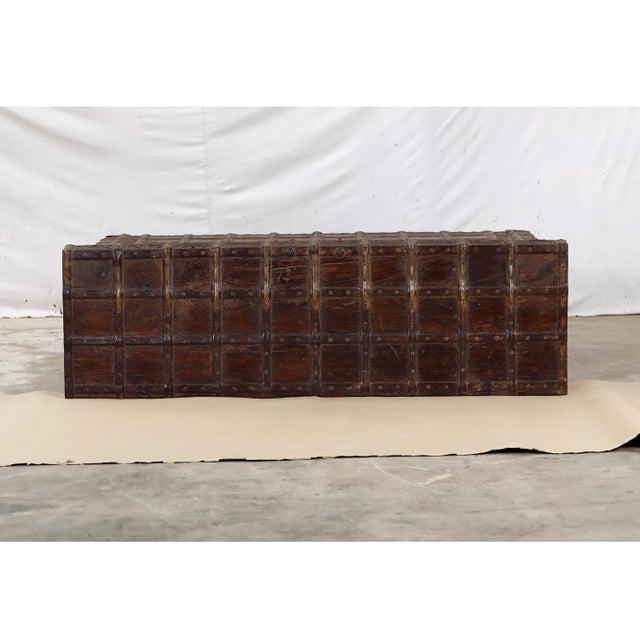1900 - 1909 Antique Indian Teakwood and Brass Pitara Chest Console For Sale - Image 5 of 8