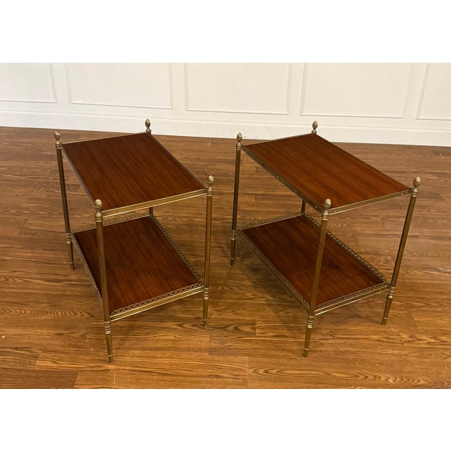 Brown Pair of Two Tiered Brass and Wood End Tables by Leighton Hall - Showroom Samples For Sale - Image 8 of 17