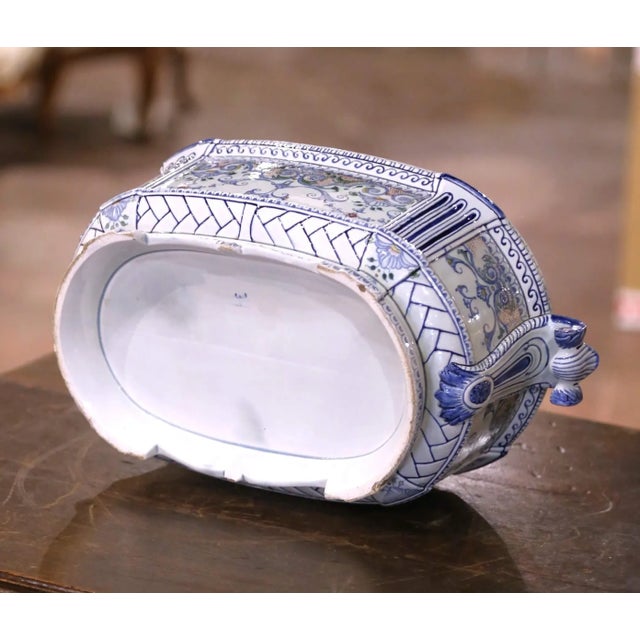 Early 20th Century French Desvres Faience Jardinière With Mask Handles and Scrollwork For Sale - Image 9 of 9