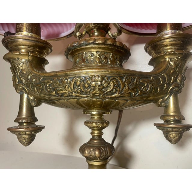 Antique Ornate Solid Bronze Glass Double Harvard Electric Student Desk Lamp For Sale - Image 4 of 12