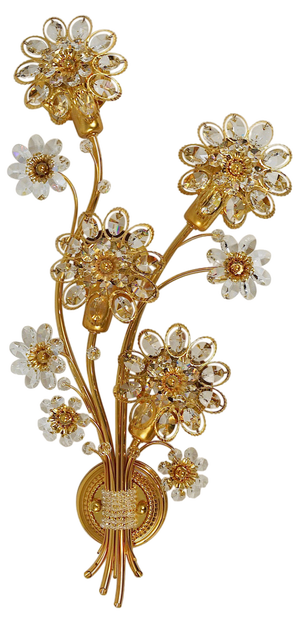 Large Gilt Brass & Crystals Flower Wall Light from Palwa, 1970s
