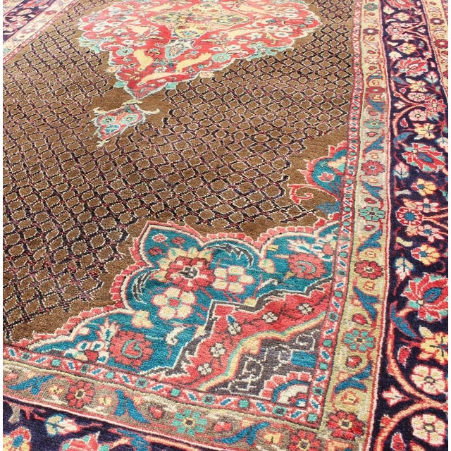 Textile Camel Hair Vintage Persian Serab Rug in Brown, Red, Turquoise and Dark Blue For Sale - Image 7 of 13