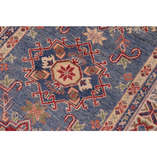 Boho Chic Tribal Kazak Light Blue/Beige Wool Runner Rug- 2'9''x9'6'' For Sale - Image 4 of 10