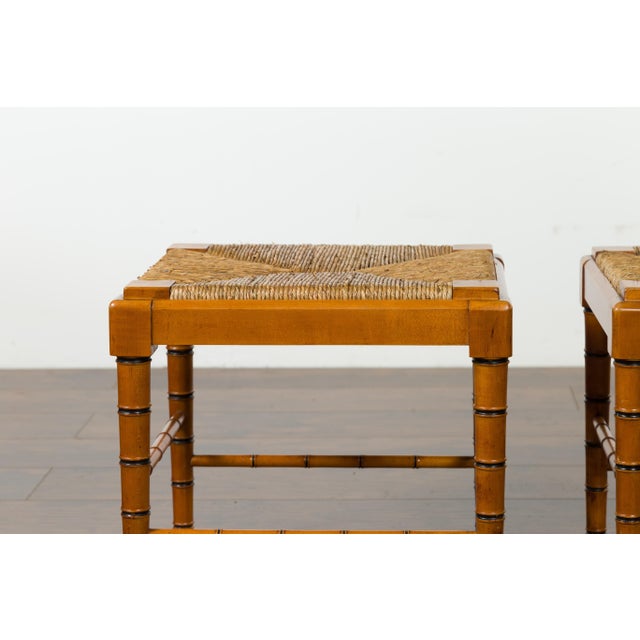 Vintage Pair of English Midcentury Faux Bamboo Walnut Stools with Rush Seats For Sale In Atlanta - Image 6 of 12