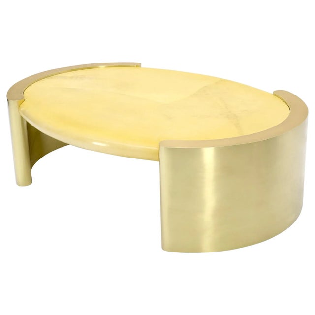 Forged Rounded Brass Base Oval Goat Skin Top Mid-Century Modern Coffee Table For Sale - Image 13 of 13