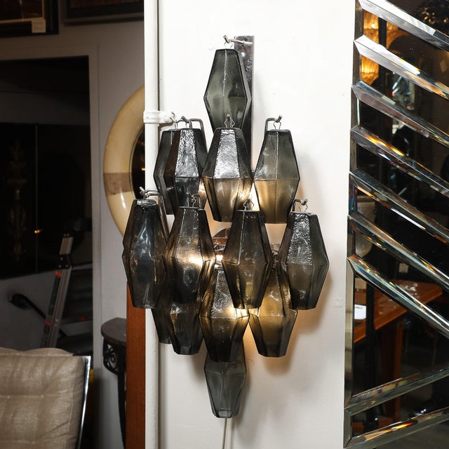 Pair of Modernist Smoked Gray Murano Glass Diamond-Form Polyhedral Wall Sconces For Sale - Image 4 of 18