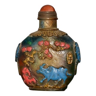 Glass Snuff Bottle — Hand-Painted Ox Motif, Blue Enamel & Red Floral Detail, Wood Stand For Sale
