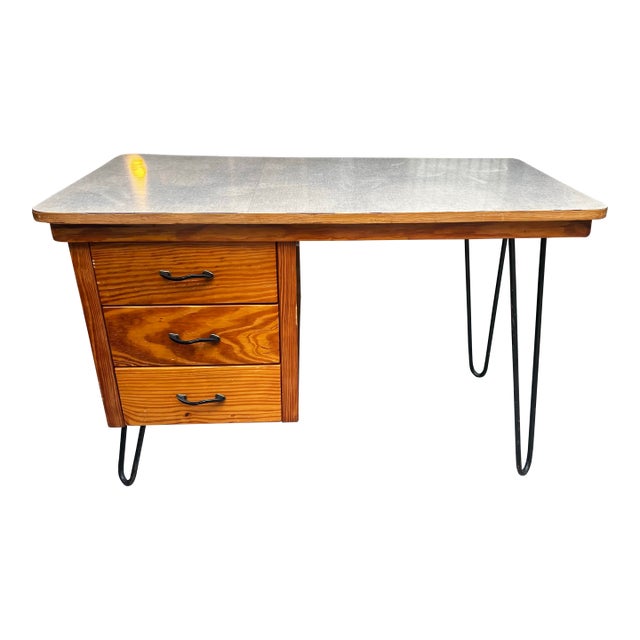 Vintage Petite Wooden Desk With Iron Legs For Sale