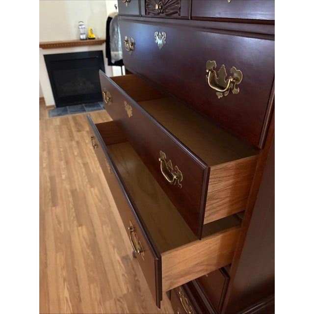 Late 20th Century Late 20th Century Colonial Furniture Solid Cherry Queen Anne Highboy Shell Carving Made in Usa For Sale - Image 5 of 6