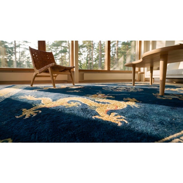 Delightful Navy Blue and Gold Color With Dragon Design Antique Chinese Art Deco Rug For Sale - Image 13 of 15