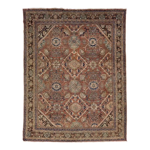 Mahal Wool Area Rug - Transitional Geometric Floral Design - Earth Tone Decor For Sale