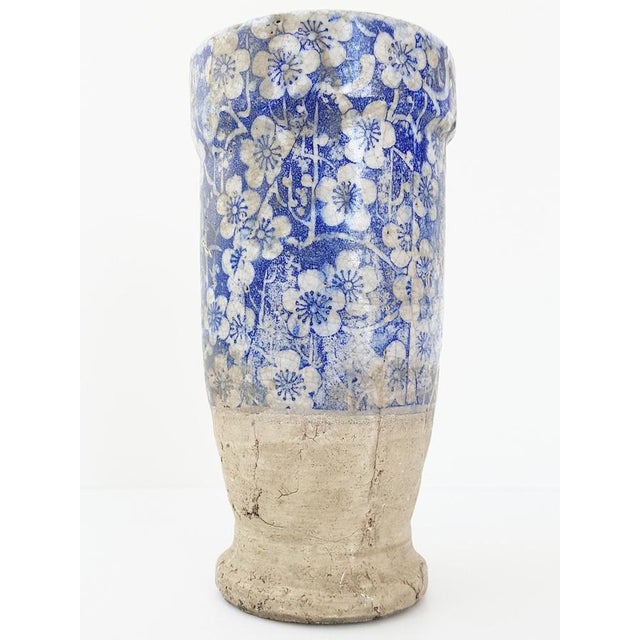 Ceramic Terracotta Ceramic Vase with Blue and White Flowers For Sale - Image 7 of 11