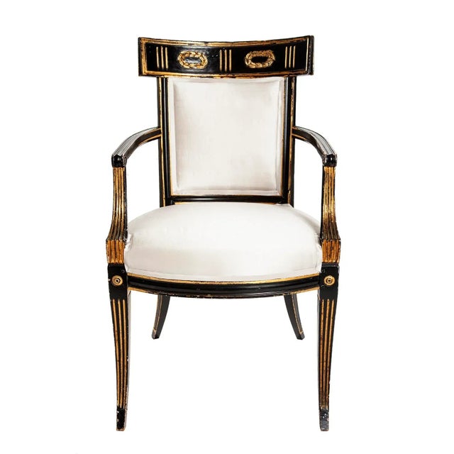 Early 19th Century Italian Regency Style Ebony & Gilt Armchairs in European Silk - a Pair For Sale In Los Angeles - Image 6 of 13