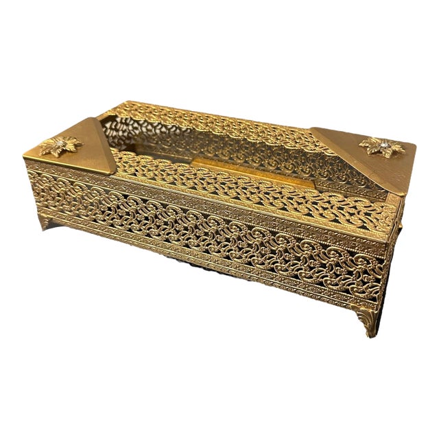 Vintage Gold Tone Filigree Metal Tissue Box Cover For Sale