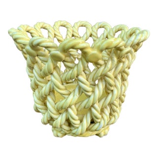 French Country Trompe l'Oeil Porcelain Rope Basket Cachepot For Sale