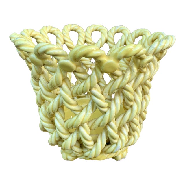 French Country Trompe l'Oeil Porcelain Rope Basket Cachepot For Sale