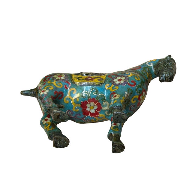 Vintage Chinese Turquoise Blue Flower Cloisonné Enamel Horse Statue For Sale - Image 11 of 12