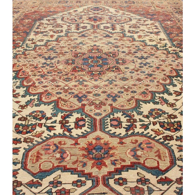 Textile Antique Feraghan Sarouk Rug in Ivory Background, Brown Red, Camel, and Teal For Sale - Image 7 of 13