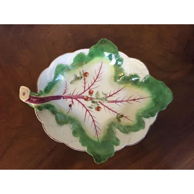 1755 Antique Georgian Chelsea Porcelain Cabbage Leaf Dish Plate with Basketweave Border For Sale - Image 4 of 11