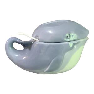 Late 20th Century Coastal Nautical Sea Life Blue Gray & Whale Shaped Sugar Bowl