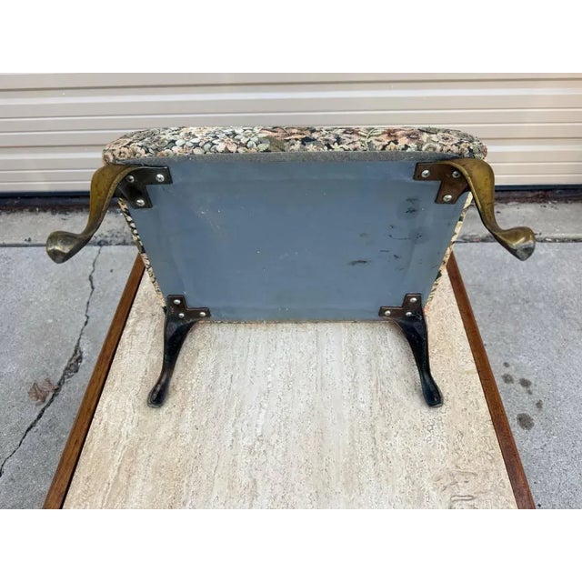 Brass Late 20th Century Vintage Queen Anne Style Stool Floral Upholstered and Brass Color Metal Leg Footstool For Sale - Image 8 of 8