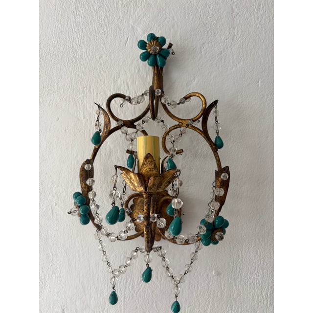 French Turquoise Green Murano Beads Rock Crystal Swags Sconces For Sale - Image 4 of 7