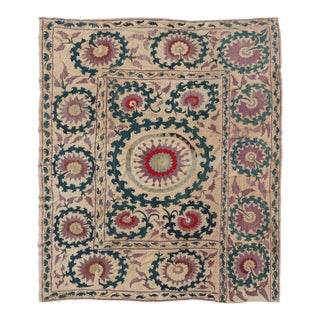 Antique Uzbekistan Suzani Textile With Medallion and Floral Vine Embroidery For Sale