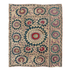 Antique Uzbekistan Suzani Textile With Medallion and Floral Vine Embroidery