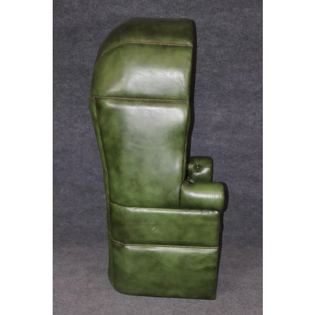 Fine Custom Brass Nail Head Trimmed Green Leather Tufted Porter Canopy Chair For Sale In Philadelphia - Image 6 of 12