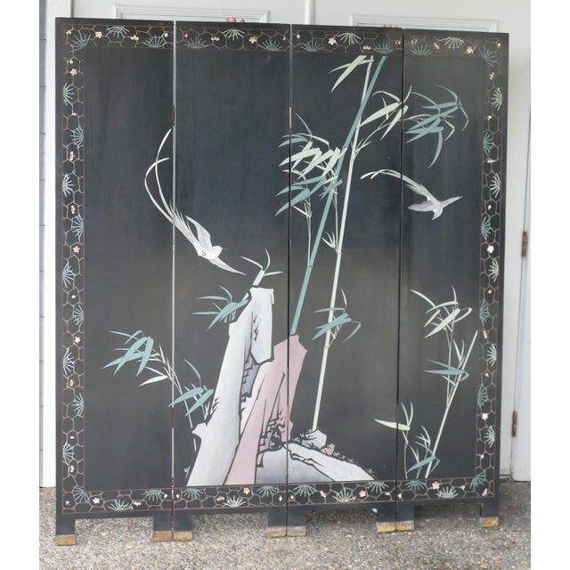Paint Vintage Matte Black Lacquer Asian Four Panel Folding Screen Chinoiserie Room Divider For Sale - Image 7 of 13