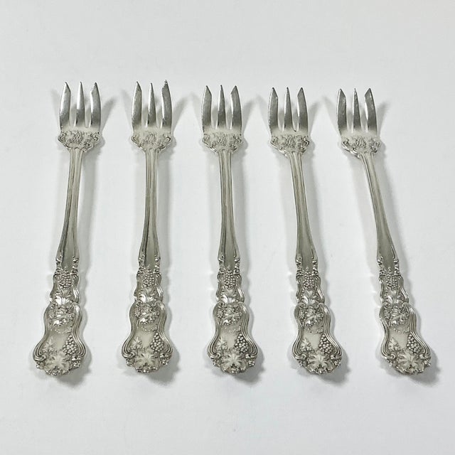 1940s Vintage Hollywood Regency English Chippendale Silverplate Seafood Forks - Set of 5 For Sale - Image 4 of 10