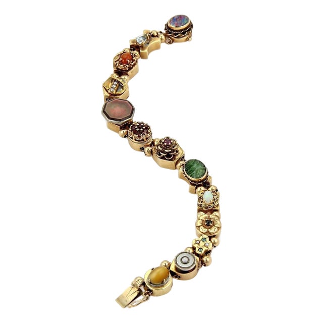 Mid 20th Century Multicolor Gems 14k Yellow Gold Slide Charm Bracelet For Sale