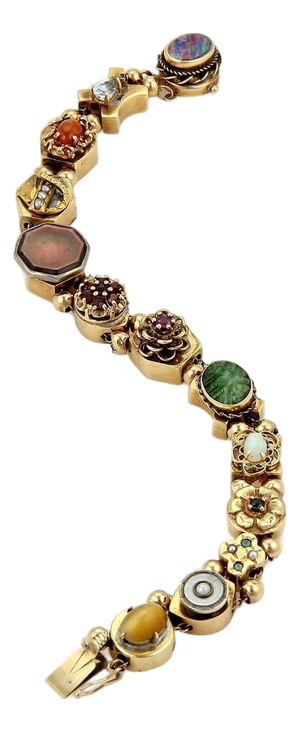 Mid 20th Century Multicolor Gems 14k Yellow Gold Slide Charm Bracelet