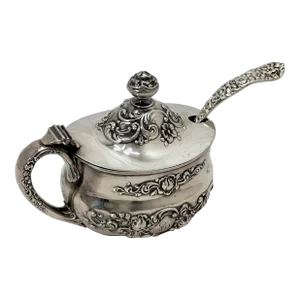 Ornate Antique American Rococo Revival Sterling Silver & Cystal Mustard Pot & Spoon Set - Circa 1890s