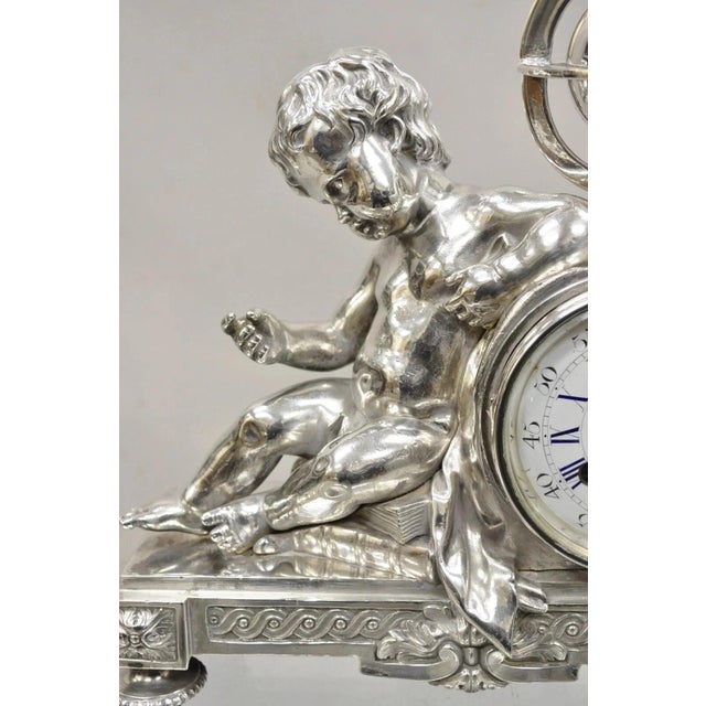 French French Louis XV M Franjus Raison & Boyer Silver Plated Bronze Putto Mantel Clock For Sale - Image 3 of 15