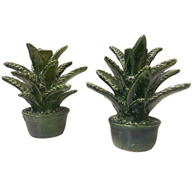 Pair of Vintage Moroccan Emerald Glazed Ceramic Cactus Taper Candle Holders For Sale - Image 4 of 12