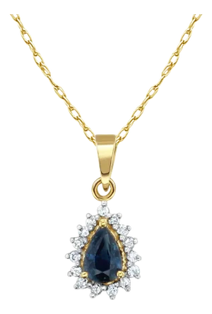 Pear Shaped Sapphire with Diamond Halo Necklace 14k Yellow Gold 16"