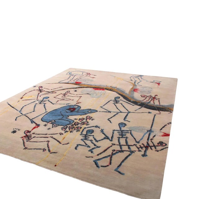 Hand knotted in wool and all-natural silk, this 8×10 rug represents the collaborative work of celebrated modern artist...