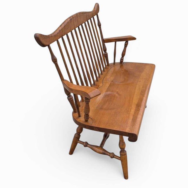 Vintage Wooden Bench – Spindle Back Bench, Classic Farmhouse Style, Elegant Seating, Rustic Home Furniture For Sale In Los Angeles - Image 6 of 17