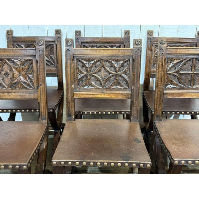 Chairs and Armchairs in Oak and Leather with Gothic Decoration, 1930s, Set of 8 For Sale - Image 6 of 18