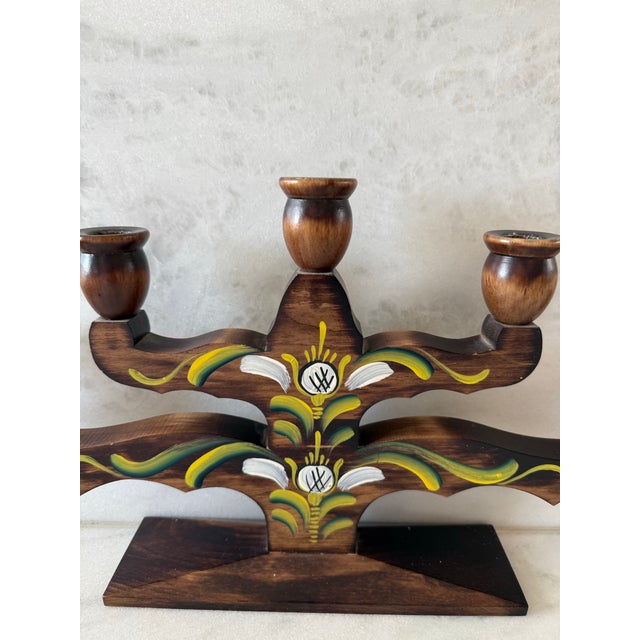Mid 20th Century Vintage Swedish Wood Hand Painted 5 Arm Candelabra For Sale - Image 5 of 11